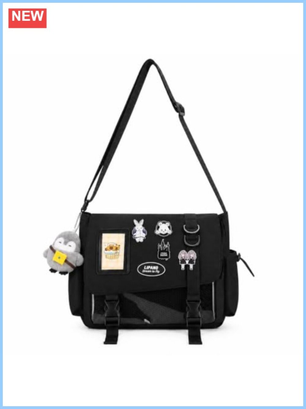 Ita Messenger Bag Crossbody with Plush Penguin Keychain & 4 Pins Nylon